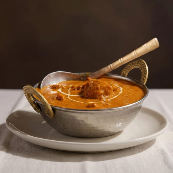 A metal bowl of butter chicken curry with a swirl of cream and a golden spoon.