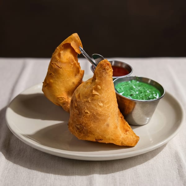 Two golden-brown samosas on a white plate with green and red dipping sauces.