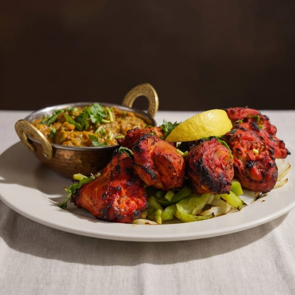 Tandoori chicken with grilled vegetables and a side of curry, garnished with lemon and cilantro.
