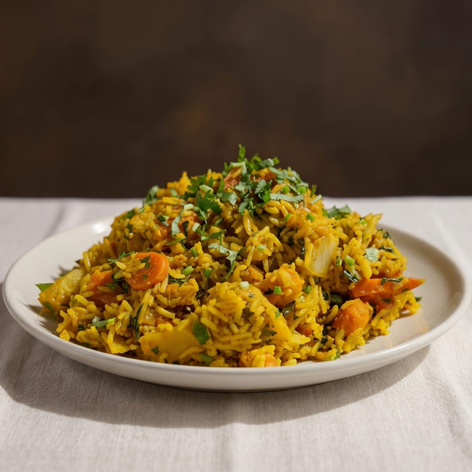 A white plate filled with yellow rice, carrots, and green herbs on a white tablecloth.
