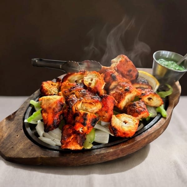 Steaming chicken tikka on a sizzling platter with onions, peppers, and green chutney.